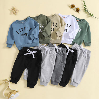 Children's round neck letter printed top solid color pants two-piece set