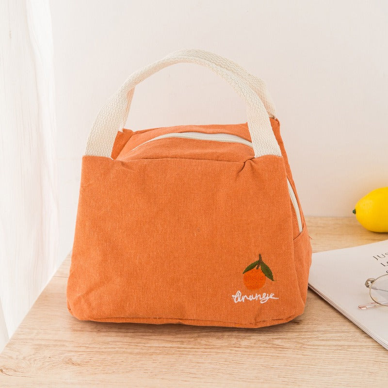 Orange insulated lunch box bag with thick aluminum foil, cotton and linen material, zipper closure, perfect for keeping food fresh.