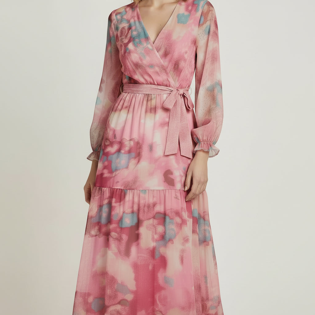 Woman wearing a pink floral dress holding a clutch against a gray background