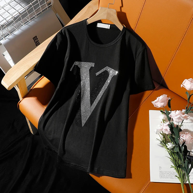 alphabet “V” short-sleeve t-shirt female summer  Round neck loose women tops