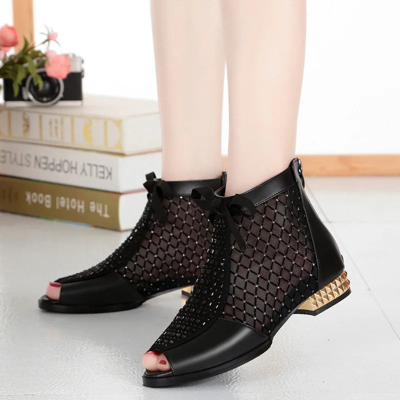 Womens Bow Genuine Leather Boots Hollow Mesh Ankle Boots Comfortable Low Heels Fashion Shoes