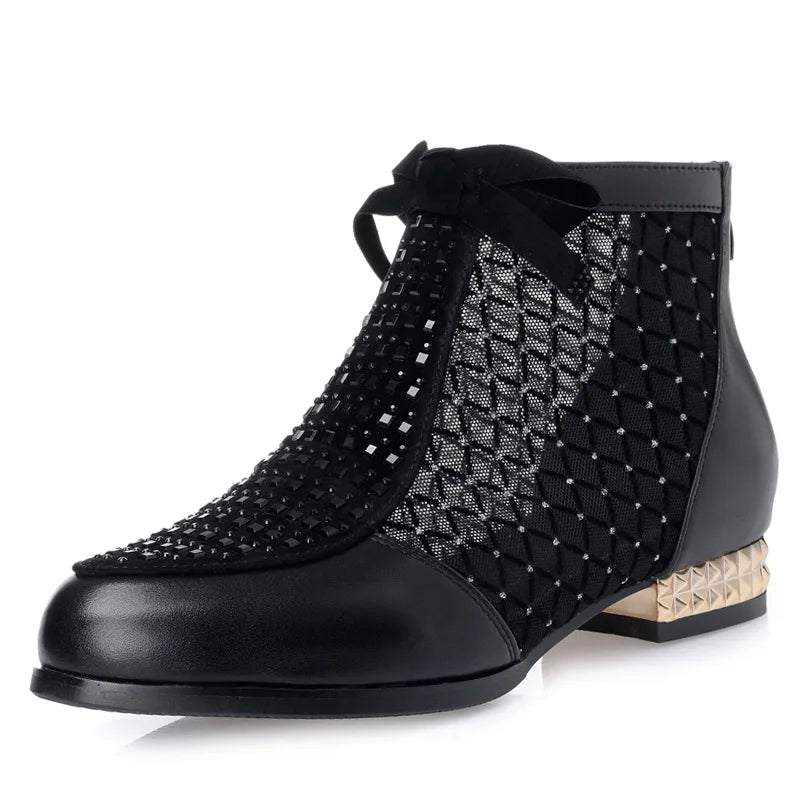 Womens Bow Genuine Leather Boots Hollow Mesh Ankle Boots Comfortable Low Heels Fashion Shoes