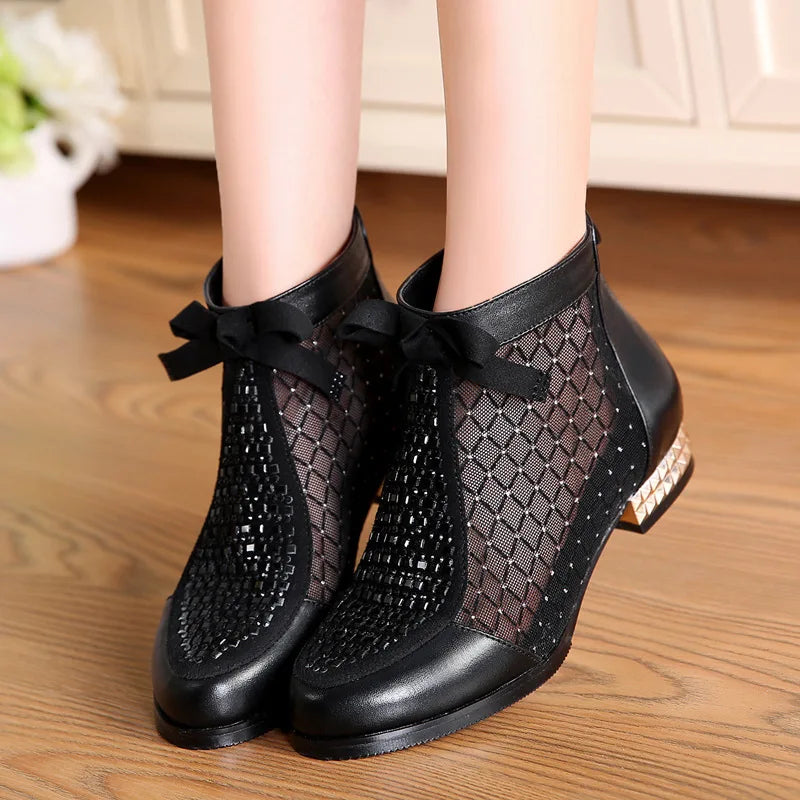 Womens Bow Genuine Leather Boots Hollow Mesh Ankle Boots Comfortable Low Heels Fashion Shoes