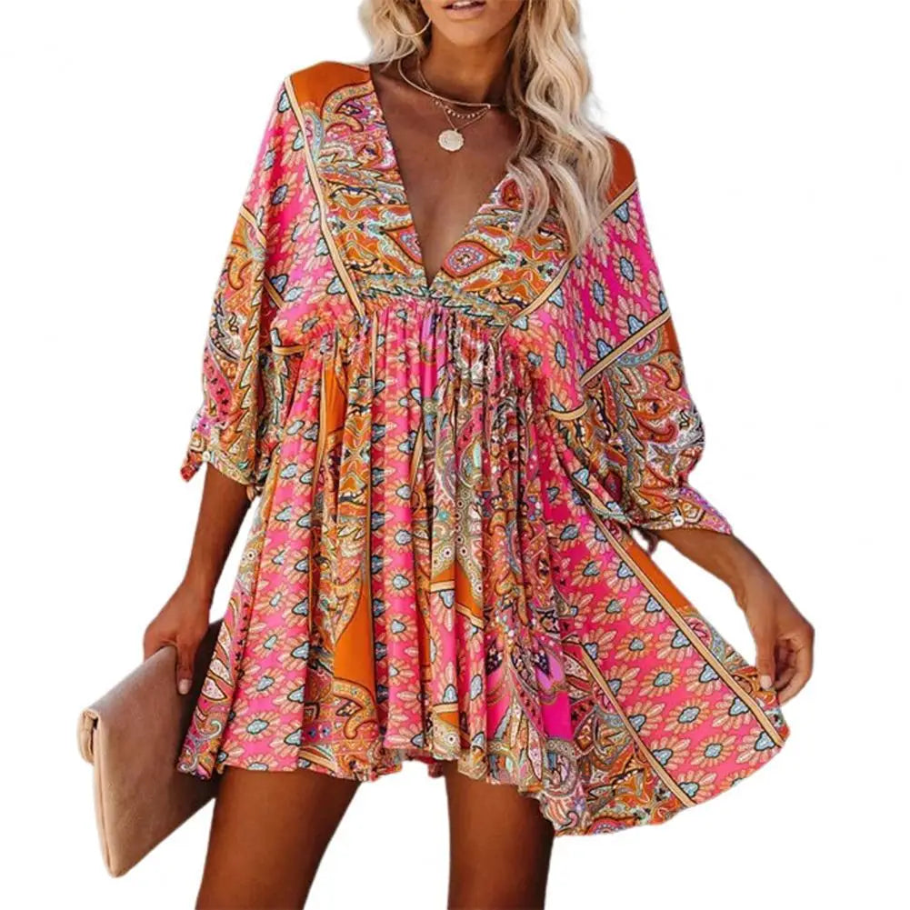 Deep V Neck Women  Tunic Dress Streetwear for Daily Wear