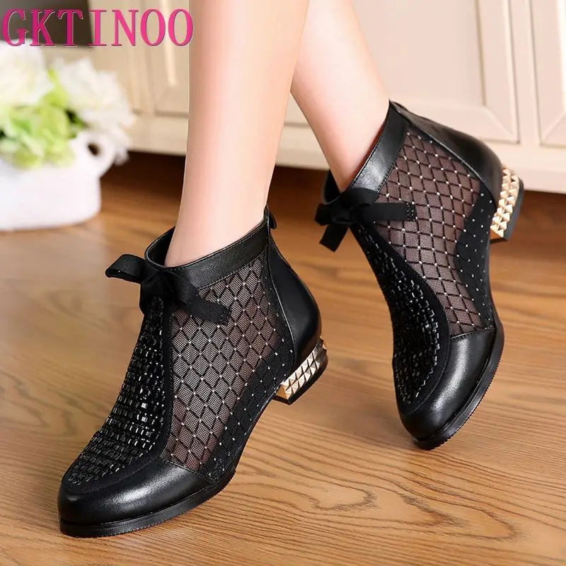 Womens Bow Genuine Leather Boots Hollow Mesh Ankle Boots Comfortable Low Heels Fashion Shoes