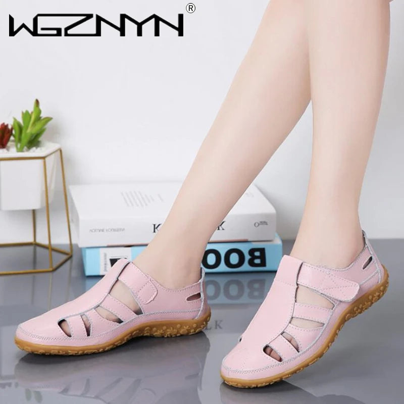 Women Genuine Leather Sandals Casual Summer Ladies Closed Toe Beach Sandals Women Flats