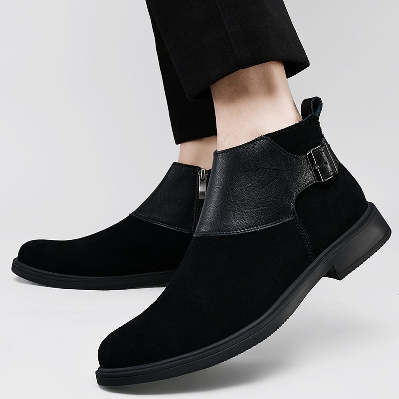 Men's dark brown genuine suede Chelsea boot standing elegantly on a minimalist concrete plinth in a sunlit boutique studio.