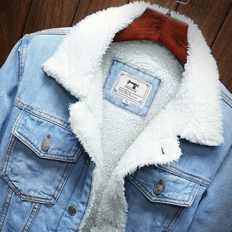 Mens Light Blue Winter Jean Jackets Outerwear Warm Denim Coats