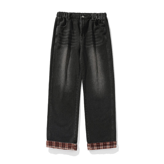 Casual Plaid Stitching Washed Jeans For Men