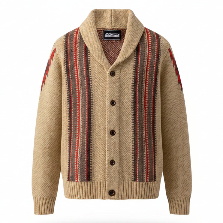 tan-beige Season Prestige heritage shawl-collar cardigan with colorful geometric jacquard vertical patterns on a soft off-white background.