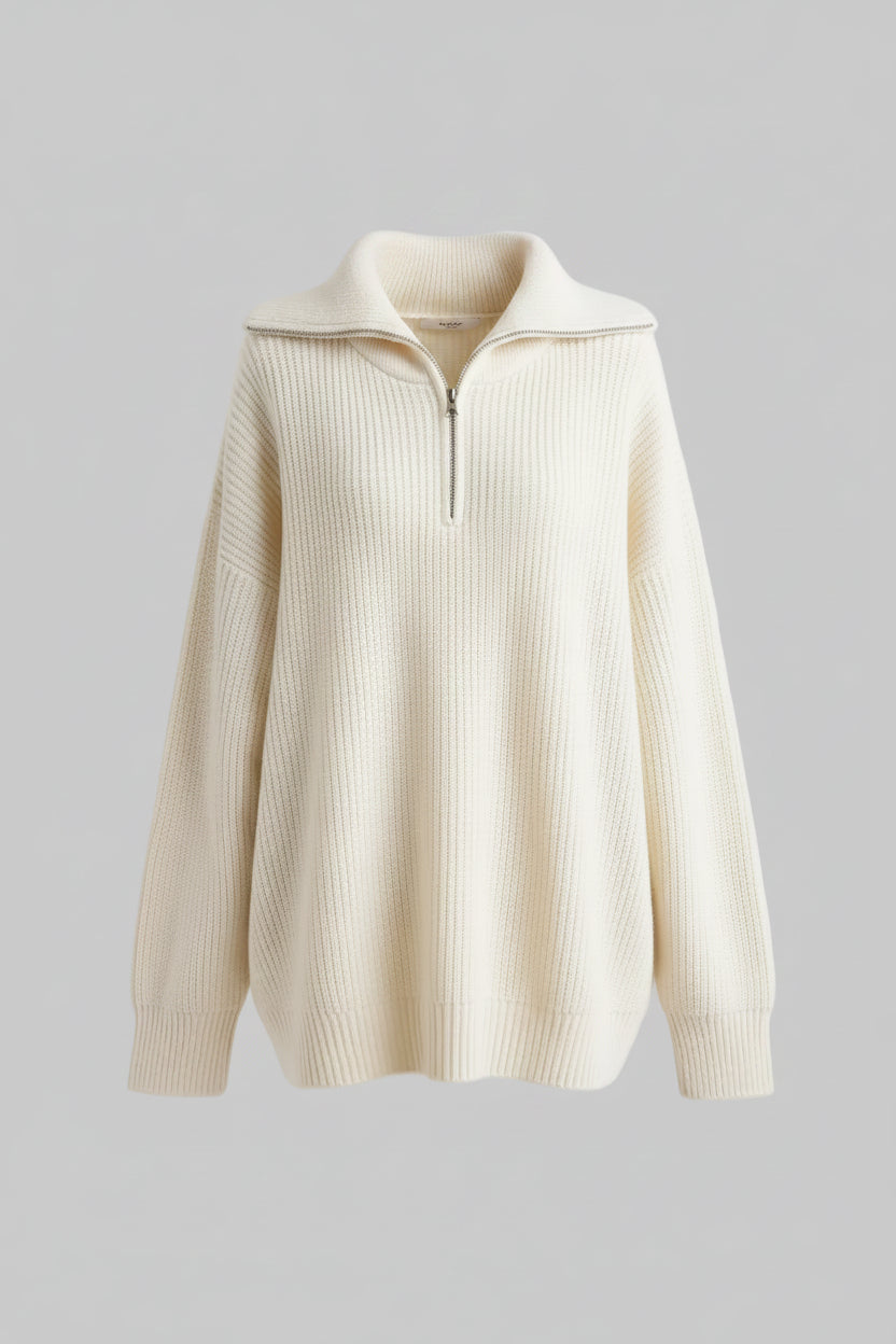 Woman wearing a mSeason Prestige spliced viscose knit pullover with a loose fit.