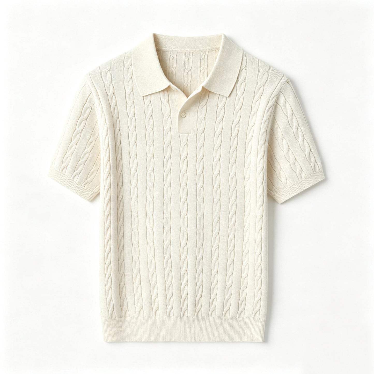 An off-white short-sleeve knit polo shirt with a cable texture, featuring a classic collar and a two-button placket, displayed flat against a clean white background.