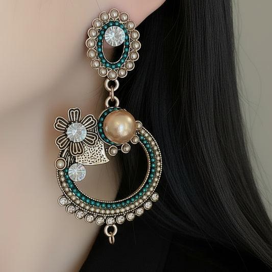 Women's retro exaggerated diamond-studded pearl oval flower earrings by Season Prestige.