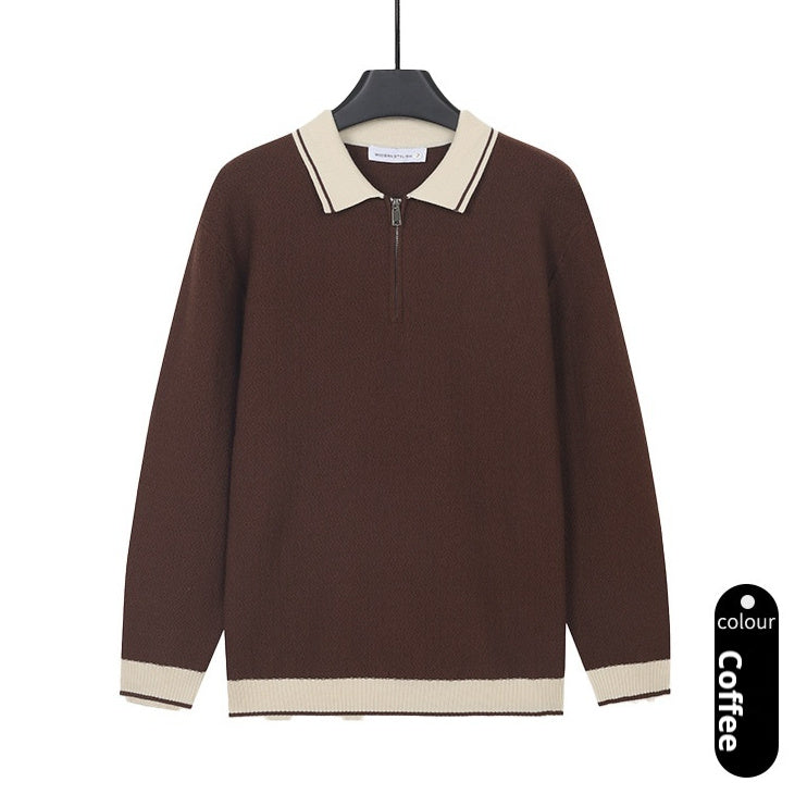 Men's brown knit half-zip polo shirt with white contrast collar sitting on a minimalist travertine stone background.