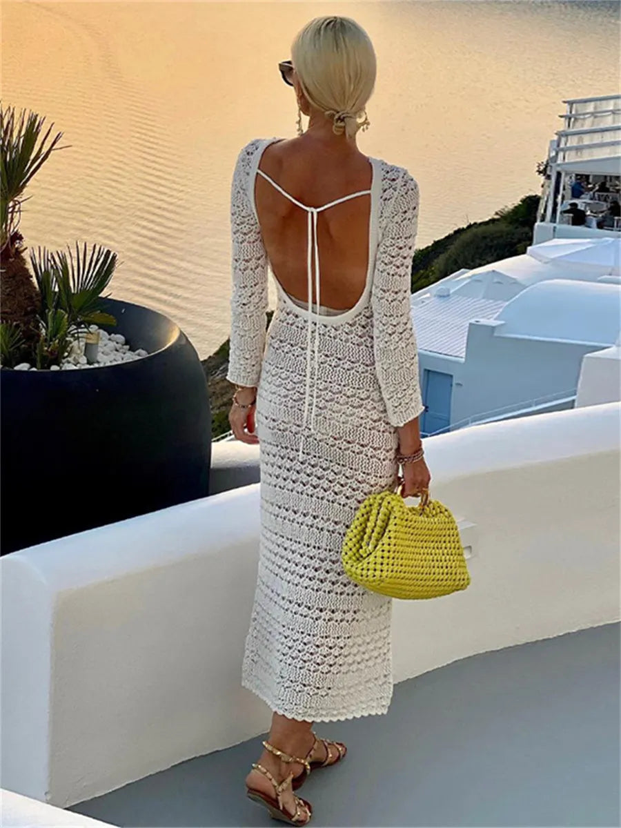 Backless Tie Up Knit Crochet Beach Long Dress Women