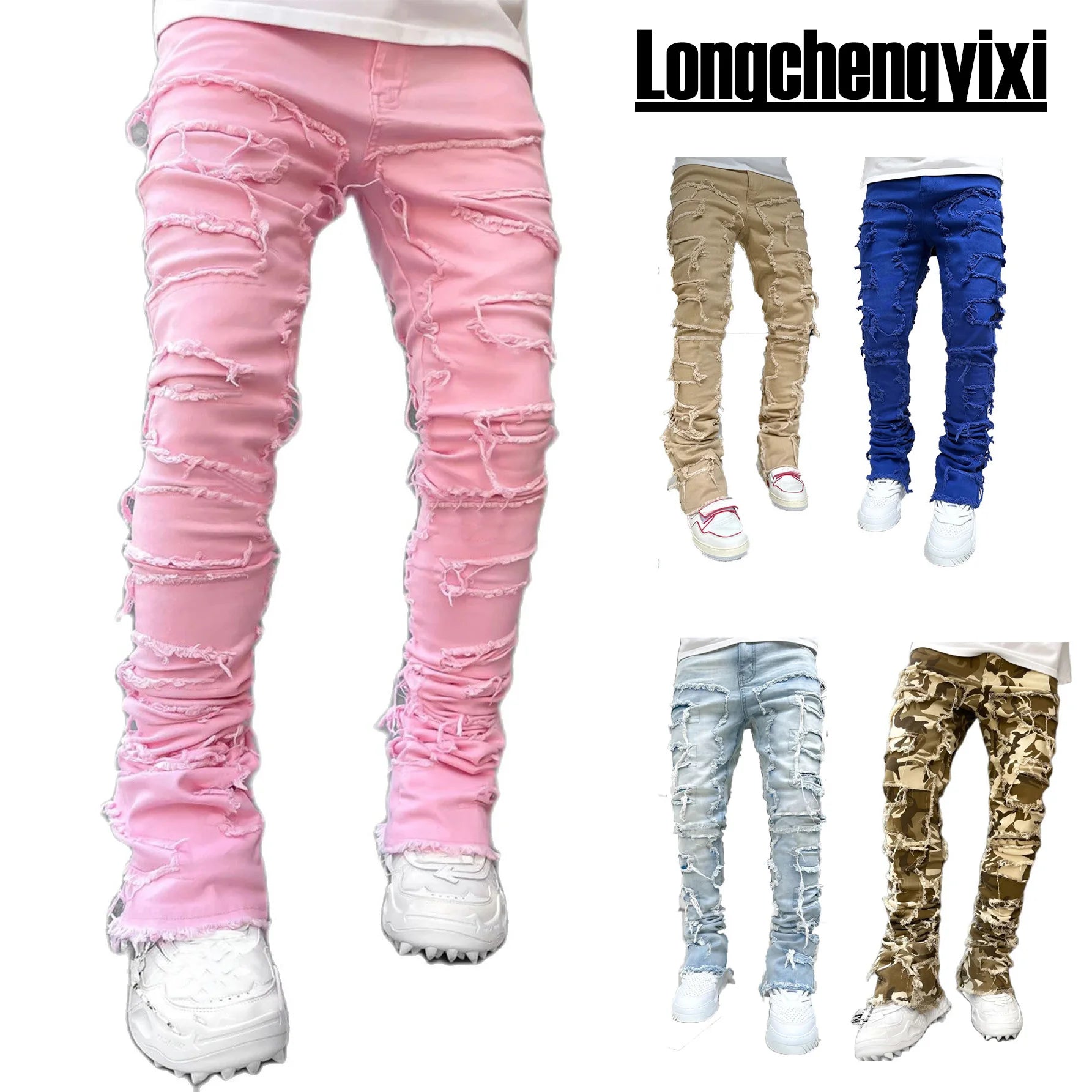 SeasonPrestige Men's Ripped Slim Fit Patched Distressed Destroyed Straight Denim Pants