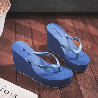 Ladies Summer Wedge slippers Rubber Flip-Flops High Heel Mules women Beach shoes