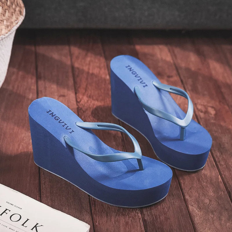 Ladies Summer Wedge slippers Rubber Flip-Flops High Heel Mules women Beach shoes