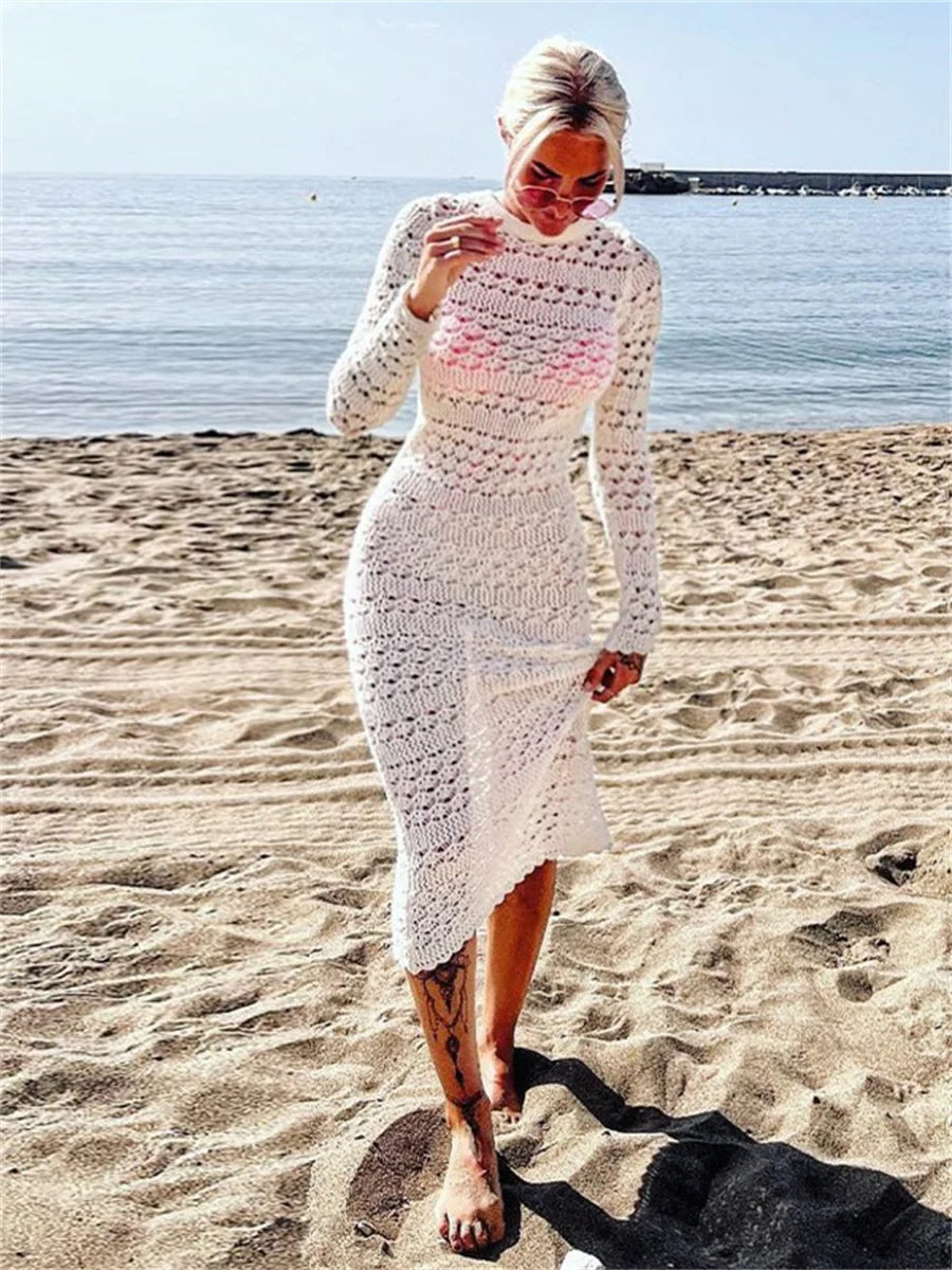 Backless Tie Up Knit Crochet Beach Long Dress Women