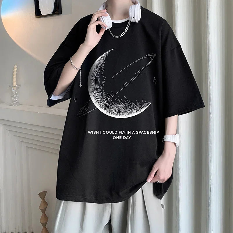 Mens Oversized T-Shirt Summer Casual Wear Moon Print Tee Shirts