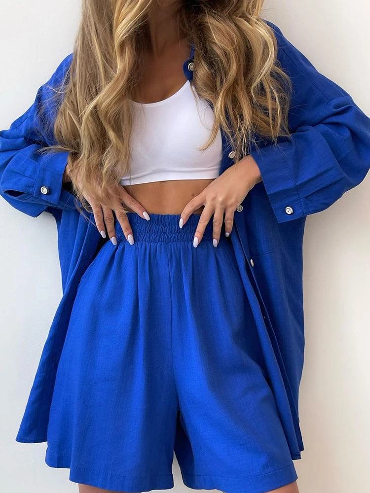 Women Loose Long Shirt Top And High Waist Shorts Two Piece Sets Summer Outfits