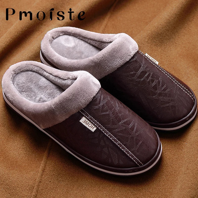 Winter Home Slippers for Men Memory Foam Massage House Slippers With Fur PU Leather Waterproof Indoor Male slipper