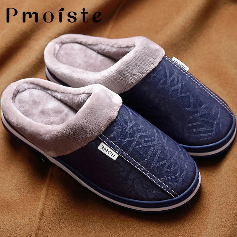 Winter Home Slippers for Men Memory Foam Massage House Slippers With Fur PU Leather Waterproof Indoor Male slipper