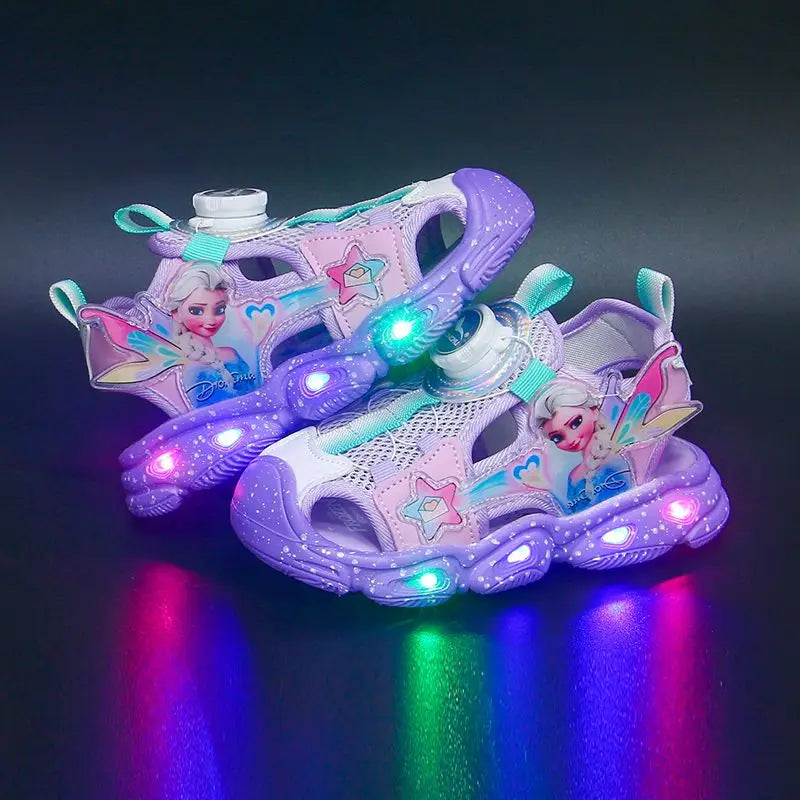 Disney LED Sport Sandals Summer Cartoon Princess Elsa Sandals For Girls Casual Beach Shoe Soft Sole Non-slip Kids Shoes