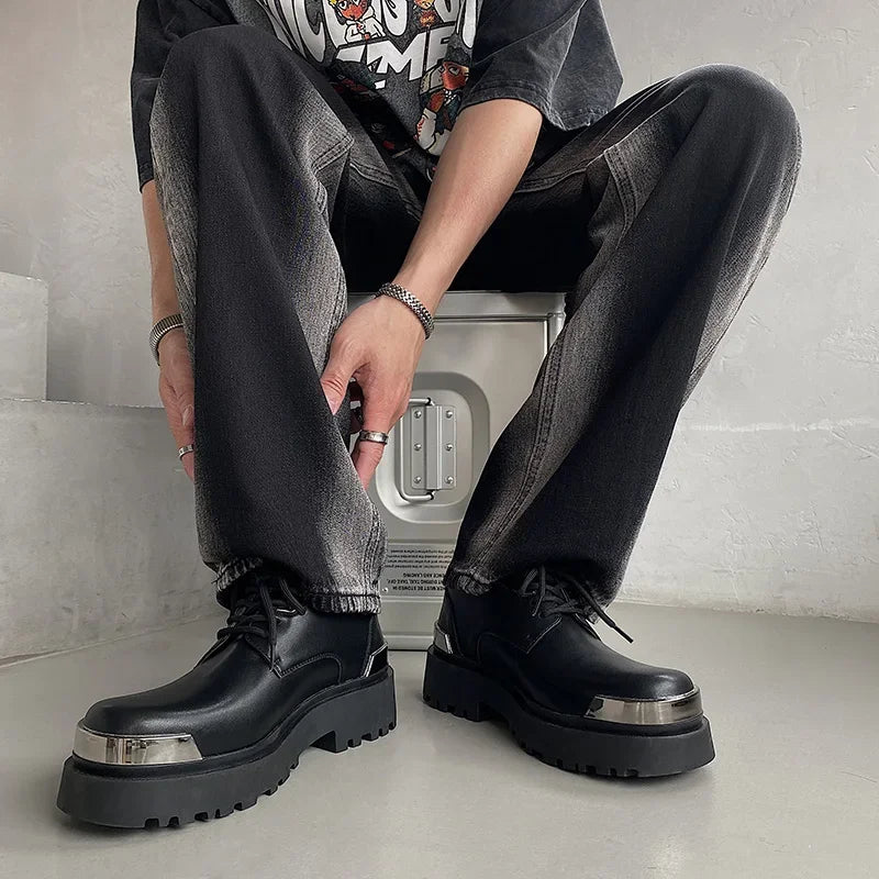 Men's Casual Thick Platform Metal Leather shoesWedding Men's Loafers Shoes