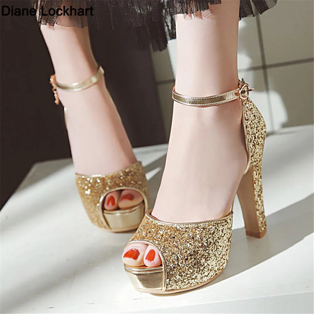 Summer Peep Toe Shiny Sequins High Heels Women Platform Sandals