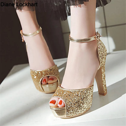 Summer Peep Toe Shiny Sequins High Heels Women Platform Sandals