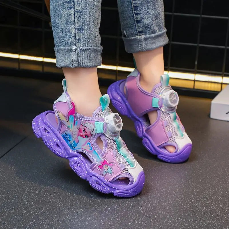Disney LED Sport Sandals Summer Cartoon Princess Elsa  Girls Casual Beach Shoes