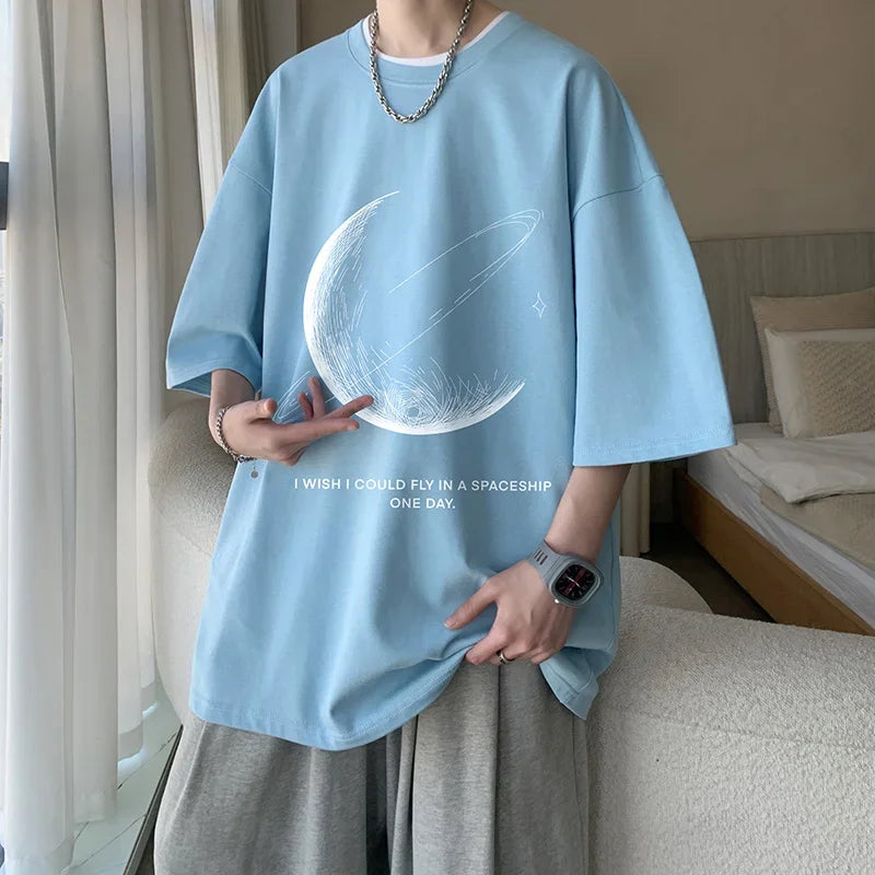 Mens Oversized T-Shirt Summer Casual Wear Moon Print Tee Shirts