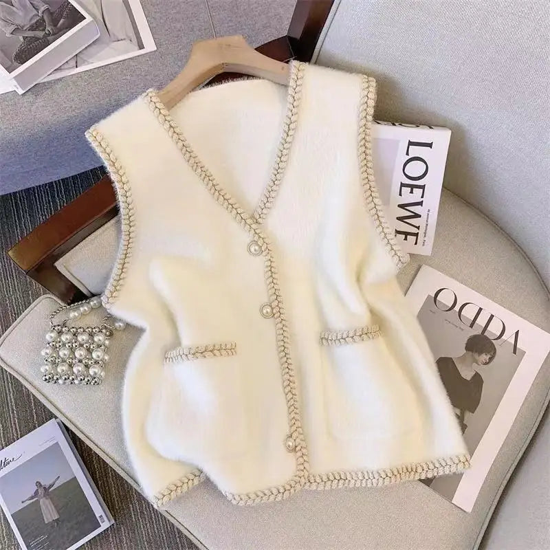 Women's V-neck Knitted Vest Mink Fleece Sweater