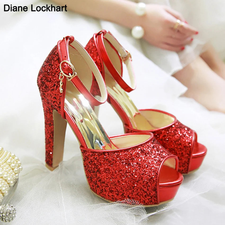 Summer Peep Toe Shiny Sequins High Heels Women Platform Sandals