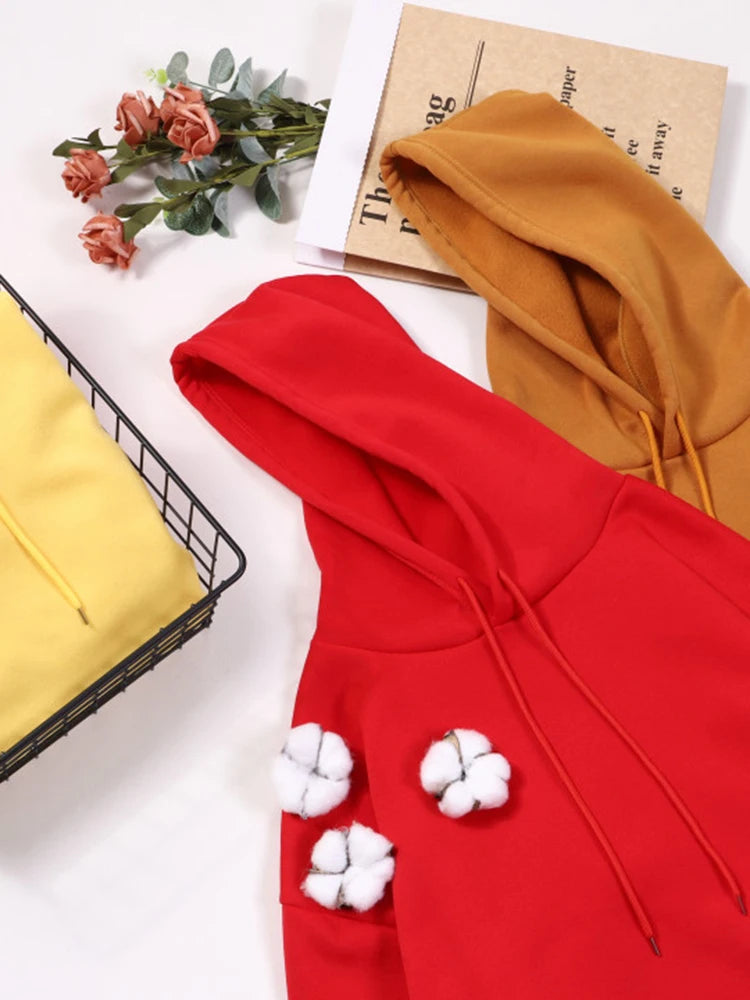 Printed Hoodie Women Loose Fleece Sweatshirt Casual O-Neck Streetwear