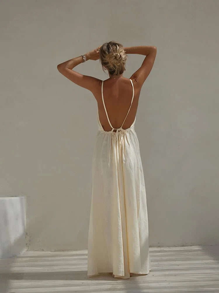 Women Sexy Backless Lace Up Sling Long Dress Casual Lady Vacation Beach Wear