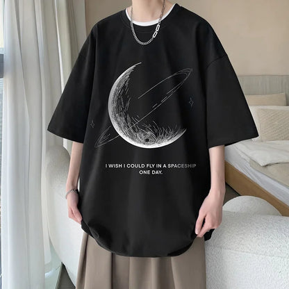 Mens Oversized T-Shirt Summer Casual Wear Moon Print Tee Shirts