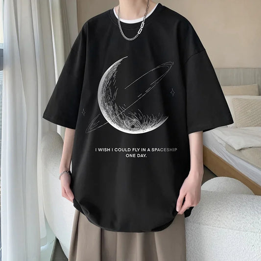 Mens Oversized T-Shirt Summer Casual Wear Moon Print Tee Shirts