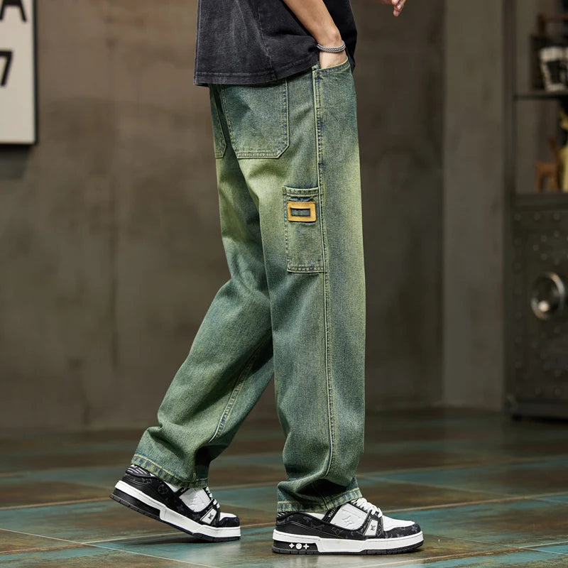 Men Baggy Wide Leg pants Summer Straight Loose Fit Retro Blue Denim Pants Streetwear mens jeans