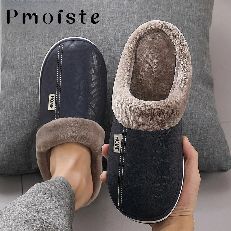 Winter Home Slippers for Men Memory Foam Massage House Slippers With Fur PU Leather Waterproof Indoor Male slipper