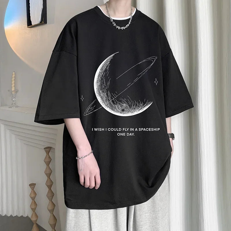 Mens Oversized T-Shirt Summer Casual Wear Moon Print Tee Shirts