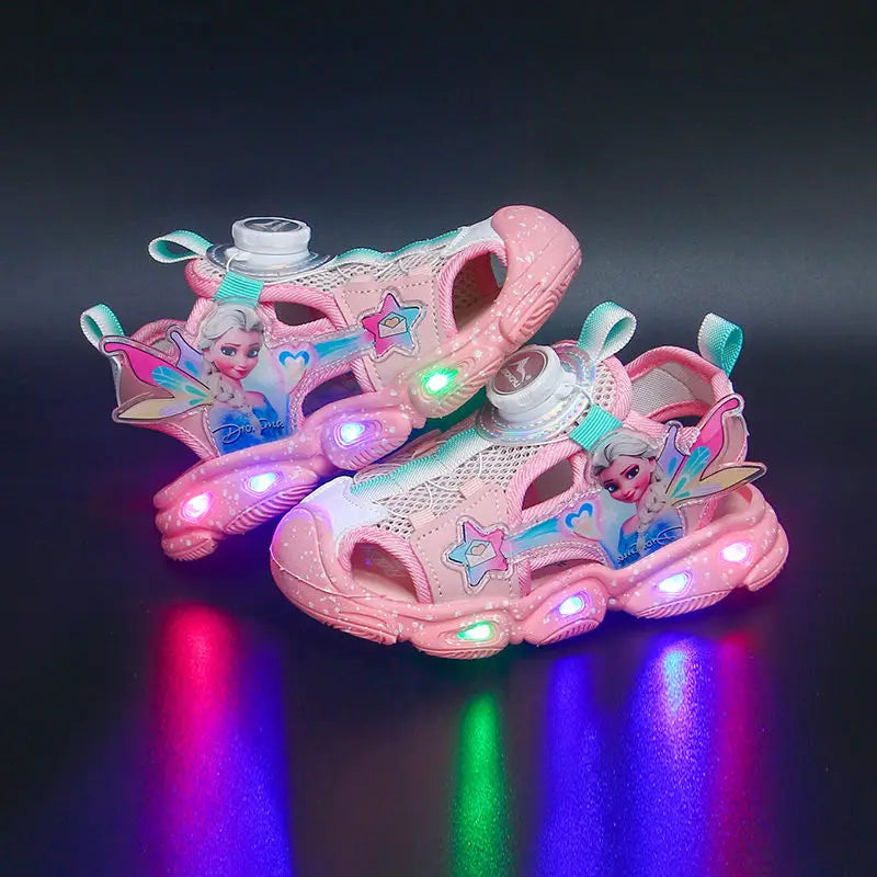 Disney LED Sport Sandals Summer Cartoon Princess Elsa Sandals For Girls Casual Beach Shoe Soft Sole Non-slip Kids Shoes