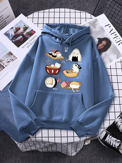 Printed Hoodie Women Loose Fleece Sweatshirt Casual O-Neck Streetwear