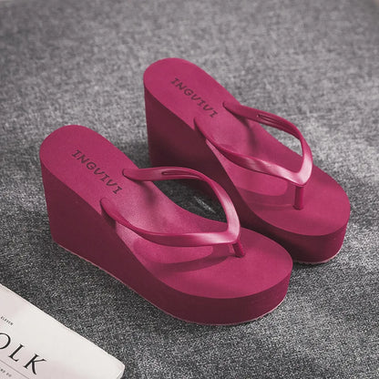 Ladies Summer Wedge slippers Rubber Flip-Flops High Heel Mules women Beach shoes