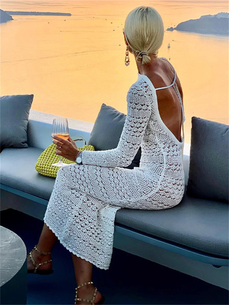 Backless Tie Up Knit Crochet Beach Long Dress Women