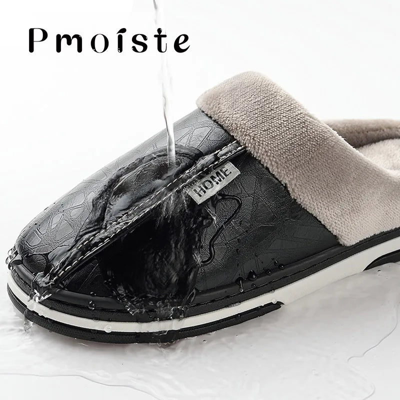 Winter Home Slippers for Men Memory Foam Massage House Slippers With Fur PU Leather Waterproof Indoor Male slipper