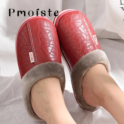 Winter Home Slippers for Men Memory Foam Massage House Slippers With Fur PU Leather Waterproof Indoor Male slipper