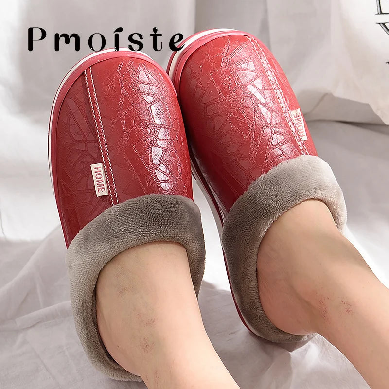 Winter Home Slippers for Men Memory Foam Massage House Slippers With Fur PU Leather Waterproof Indoor Male slipper