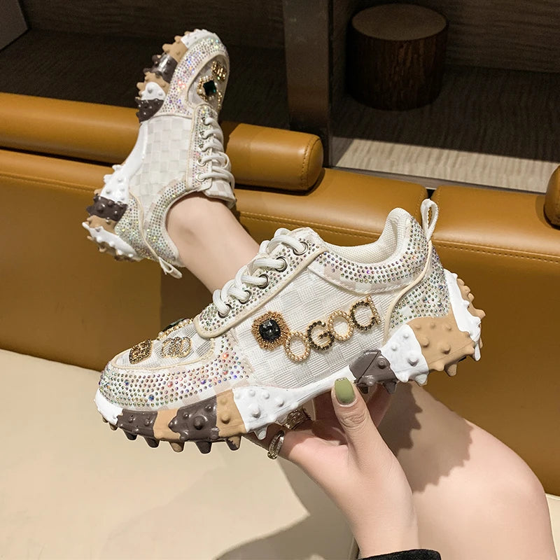 Women's Sneakers Breathable Low Top Lace Up Casual Water Diamond Luxury Shoes